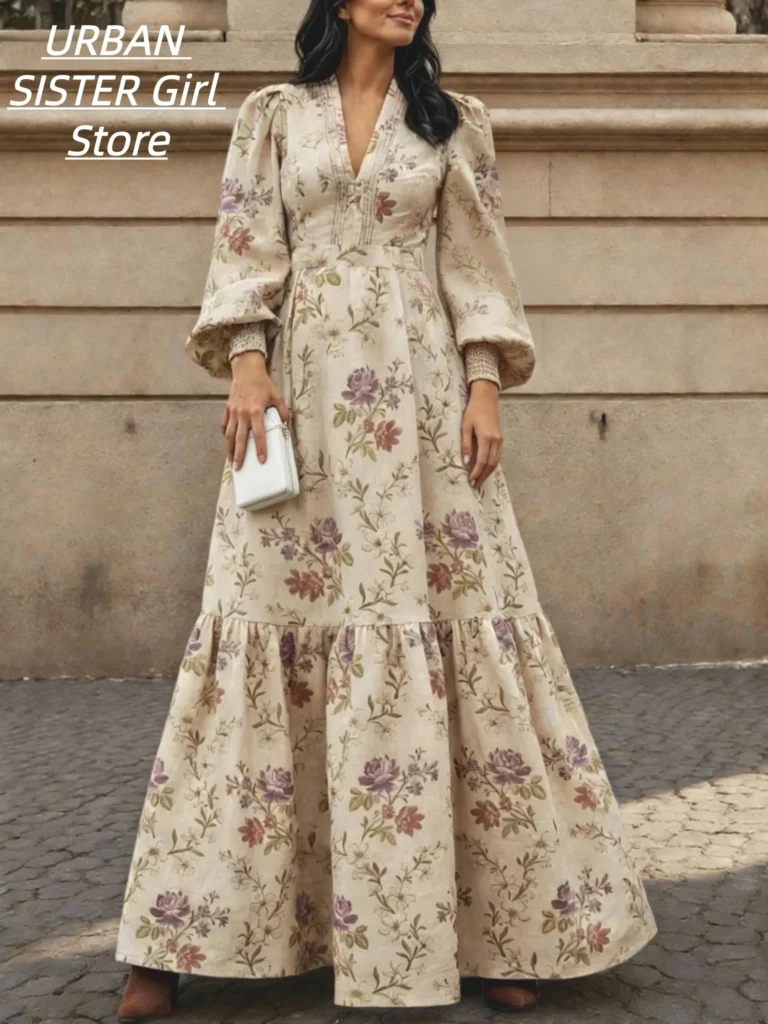 Vintage Floral Print V-Neck Puff Long Sleeve Dress with Elastic Cuffs, High Waist, Layered Ruffles, and a Long Design in a Pastoral Style for Vacation and Travel Photography 4