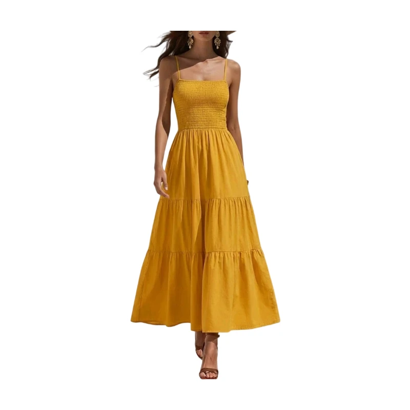 Spaghetti Strap Maxi Dress Square Neck Smocked Bodice Tiered Ruffle Skirt Fashion Outfit For Women Beach Vacation Daily Travel Casual Dating Stylish Garment 4