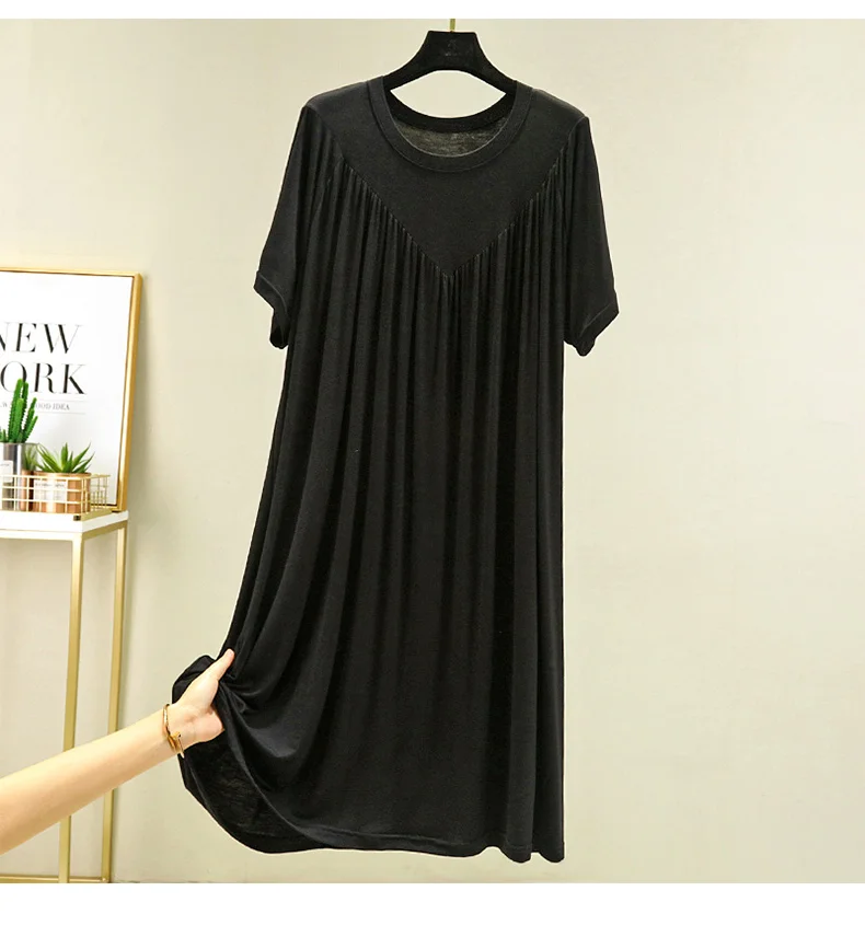 Loose plus Size Sp Dr Modal Women's Summer Thin Home Gown Skirt Sle round Ne ort Sve Long Dr Korean Sle 6