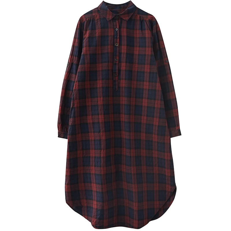 plus Size Women's irt Dr Mid-Length Loose Fit Slimming Plaid Sle Autumn Faionable Split Hem  Collar Long Sve 5