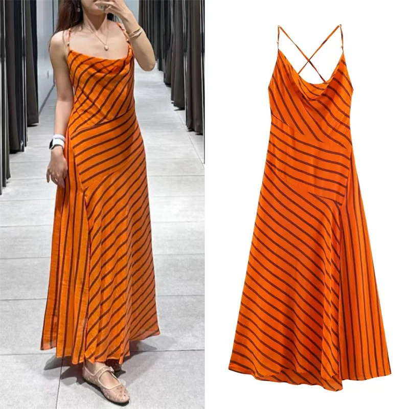 2026 Summer New Women's Dress Arrival Orange Striped Spaghetti Strap Sexy Maxi Dress Beach Vacation Casual Fashion Relaxed 1