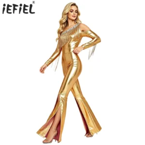 Womens Metallic Shiny Holographic Disco Flare Jumpsuit Sequin Tassels Cold Shoulder Long Sleeve Bell Bottoms Bodysuit Clubwear