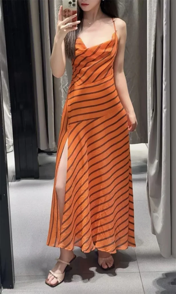 2026 Summer New Women's Dress Arrival Orange Striped Spaghetti Strap Sexy Maxi Dress Beach Vacation Casual Fashion Relaxed 3