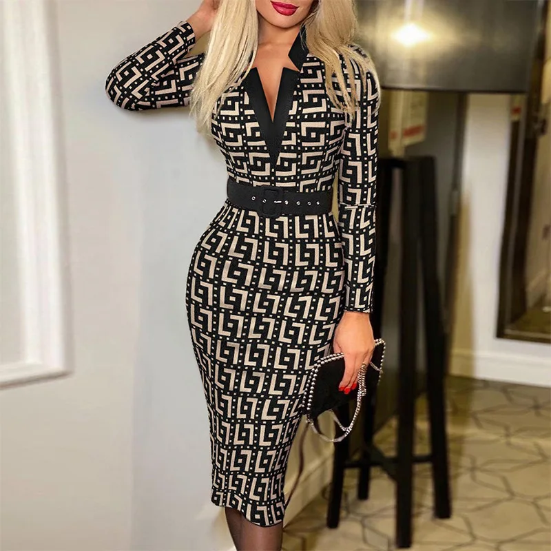 Elegant Print V Neck Dress with Belted Short Sleeve for Women Spring Summer Casual Chic Women's Clothing 1