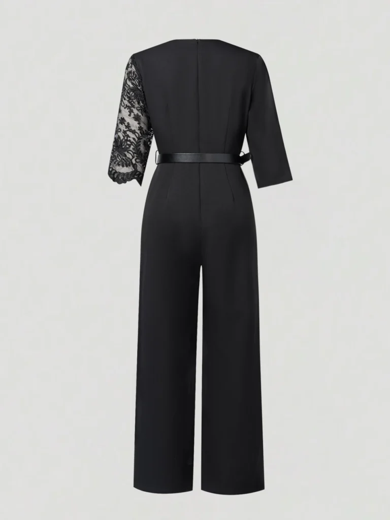 Women V Neck Lace Patchwork 3/4 Sleeve Jumpsuit With Belt High Waist Wide Leg Formal Evening Party Long Romper 6