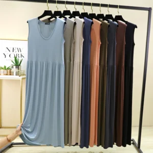 plus Size Modal Vest Skirt Women Summer Loose Thin Pleated Home Sleep Dress round Neck Base Skirt Outdoor Long Skirt