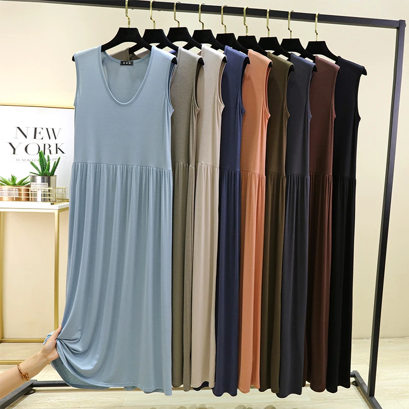 plus Size Modal Vest Skirt Women Summer Loose Thin Pleated Home Sleep Dress round Neck Base Skirt Outdoor Long Skirt 1