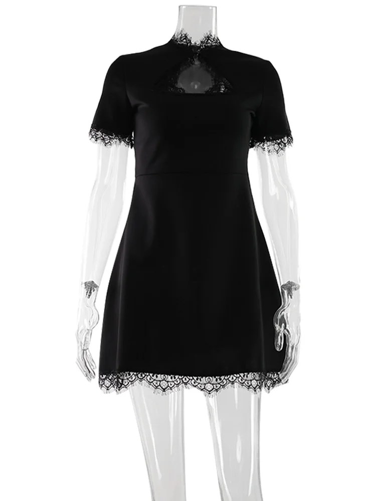 Lace Patchwork Hollow Out Bodycon Sheath High Collar Women Dresses Half Sleeves Outfits Sexy Club Fashion Female Mini Vestidos 6