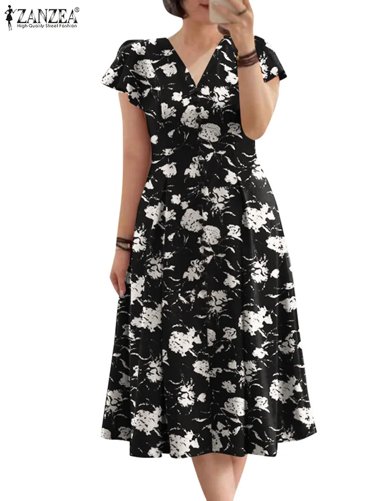 Women Elegant OL Work Floral Mid-calf Sundress ZANZEA Fashion Summer V Neck Short Sleeve Printed Dress Vintage Holiday Vestido 5