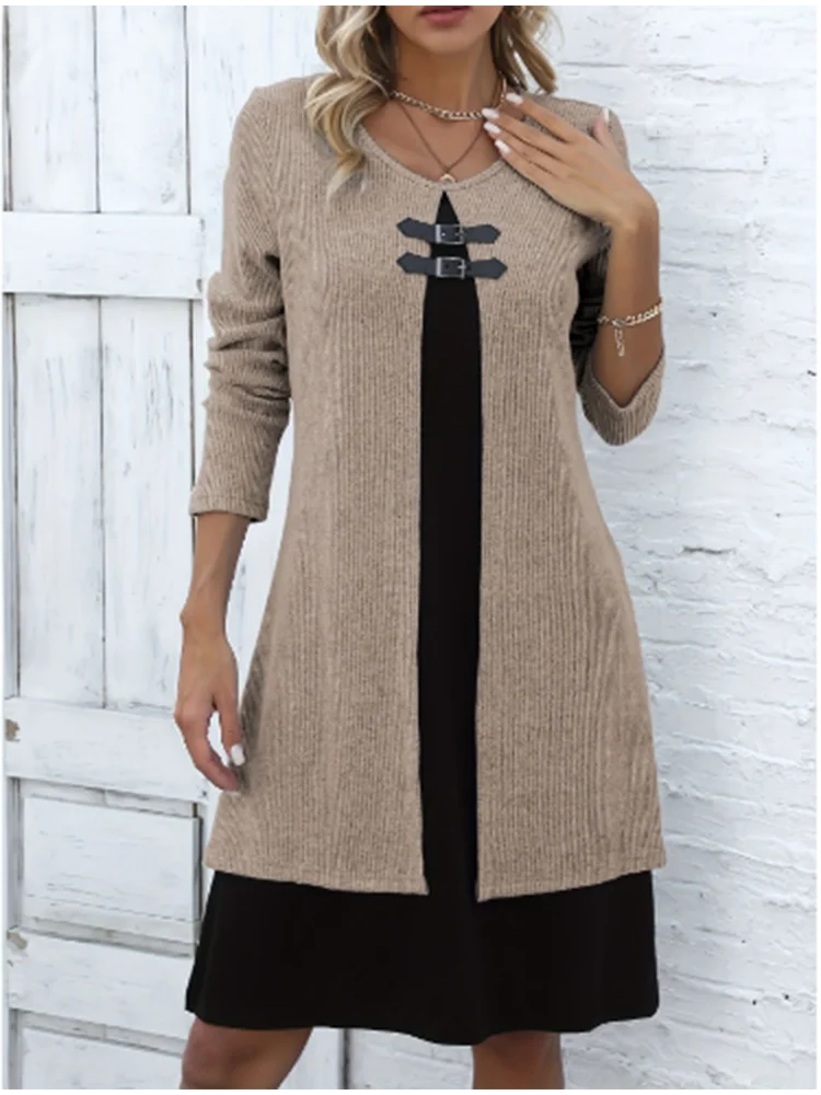 Women's One Piece Color Blocked Round Neck Dress Lady Long Sleeved  Button Up Dress Autumn Casual Elegant Dress 4