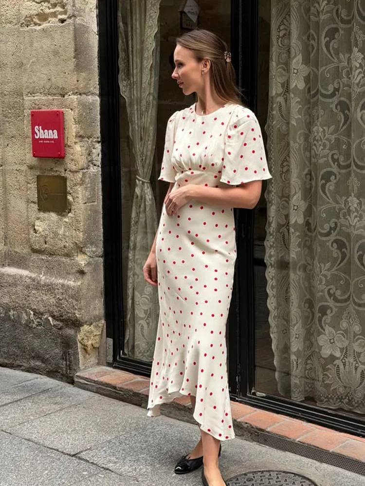 Huhugirl Dot Printing Long Dresses Elegant Half Sleeves O-Neck Casual Chic French Sweet Street Style For Women Summer Slim Soft 3