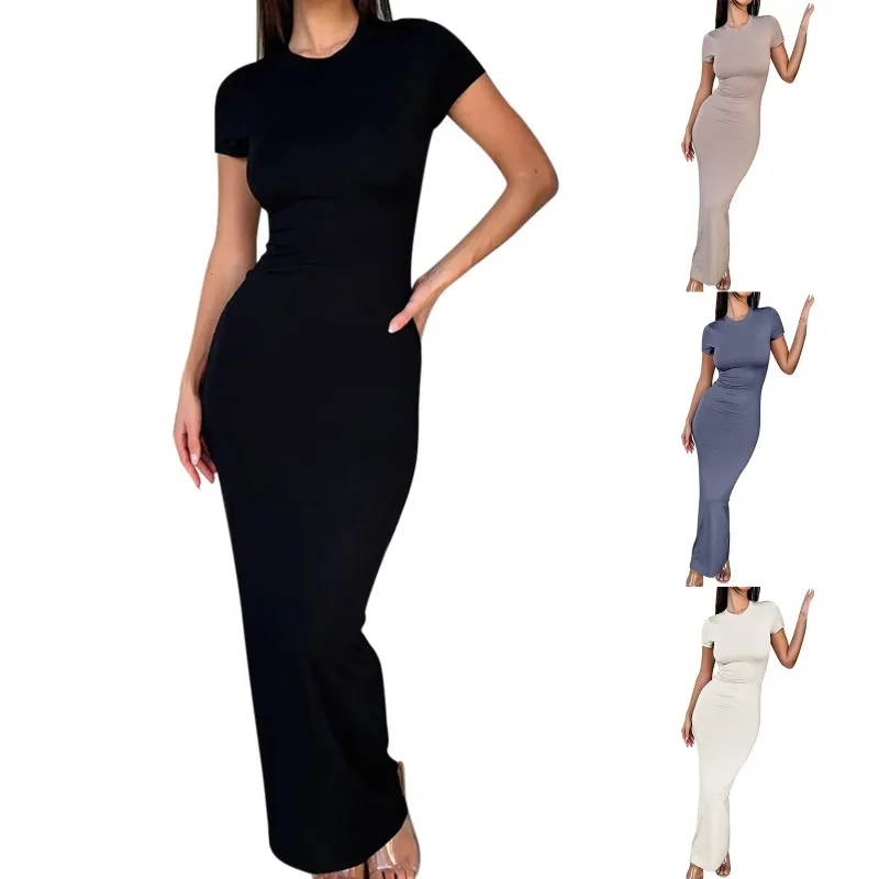 Sexy Skinny Women's Bodycon Party Dress Fashion O-neck Short Sleeve Solid Color Wraped Hip Package Long Dress Female Sexy Dress 6