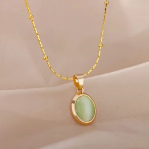 Fashion Stone Opal Oval Necklace For Women Stainless Steel Gold Color Oval Stone Pendant Necklace Wedding Aesthetic Jewelry Gift