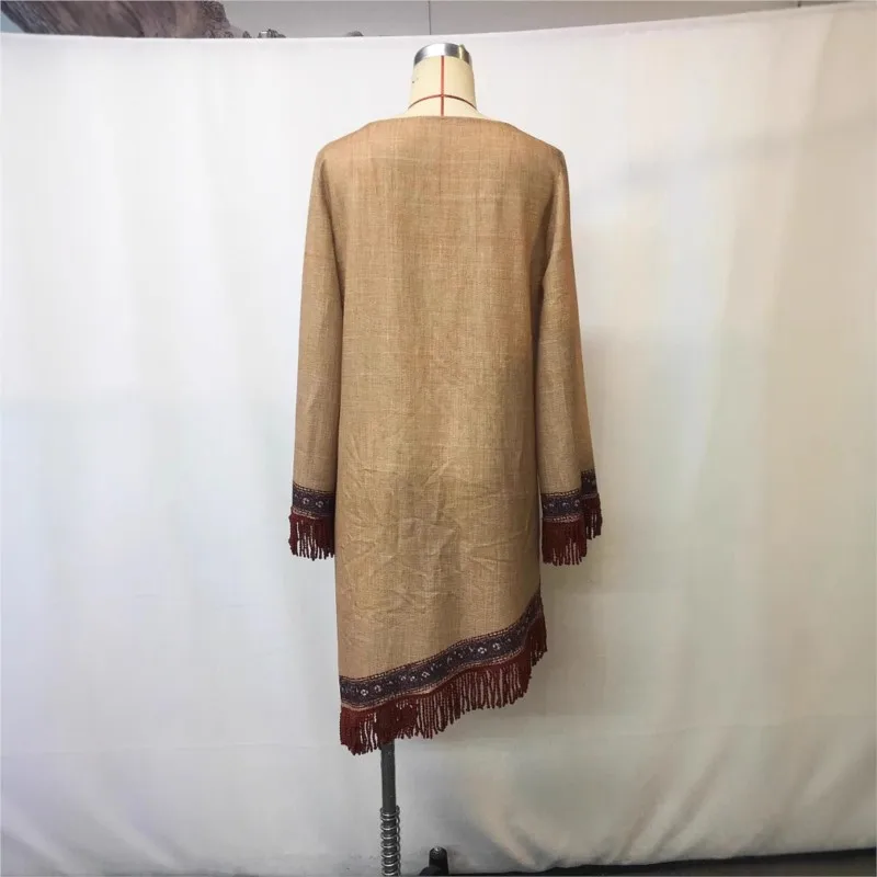 Fashion V Neck Long Sleeve Bohemian Dresses Vintage Pattern Printed Loose Short Dress New Spring Tassel Patchwork Women's Dress 2