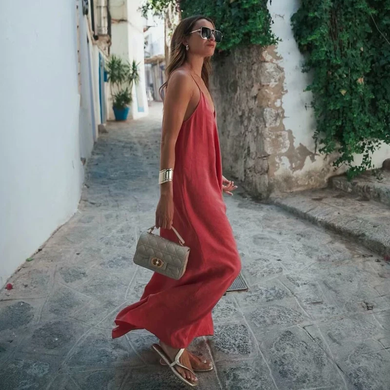 MUJER 2025 Red Slip Maxi Dress Women Sexy Backless Long Dresses for Woman Summer Beach Female Dress Draped Party Dresses Women 4