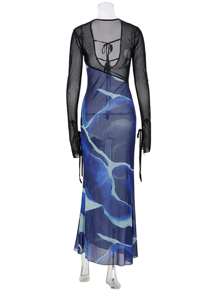 Mesh Print Patchwork Mini Women Dresses Sexy Holiday Casual Skinny Robes Fashion Party Gentle Vestidos Bodycon Outfits Female 6