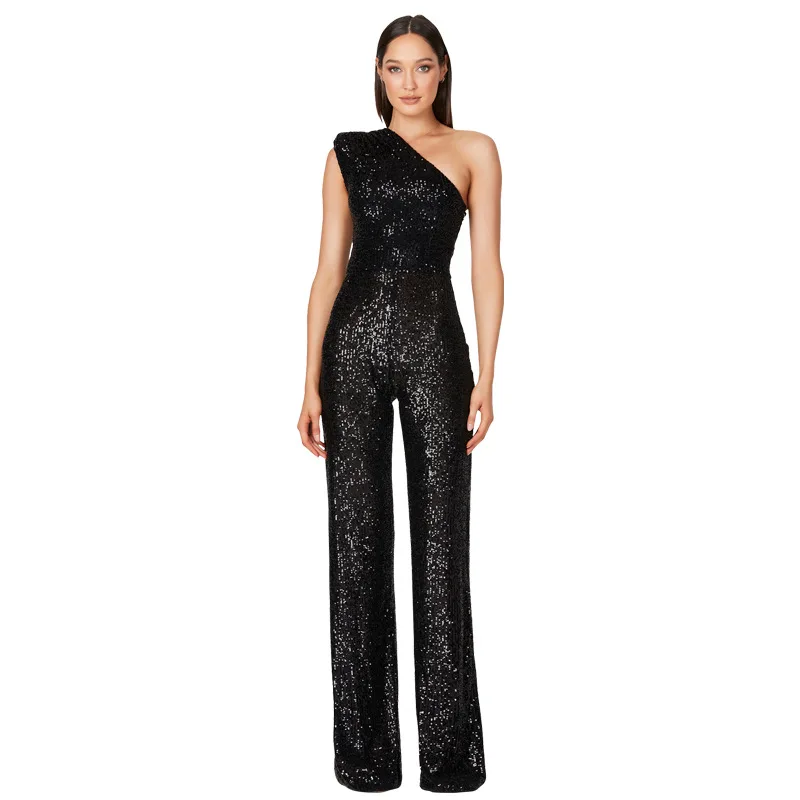 Women Elegant Long Jumpsuits Slanted Collar Party 2026 Sexy Glitter Sequin Club Playsuits Fashion Backless Solid Romper 5
