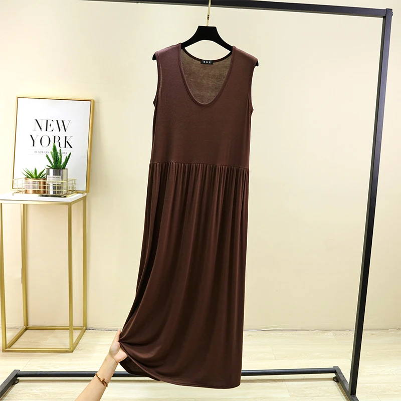 plus Size Modal Vest Skirt Women Summer Loose Thin Pleated Home Sleep Dress round Neck Base Skirt Outdoor Long Skirt 6