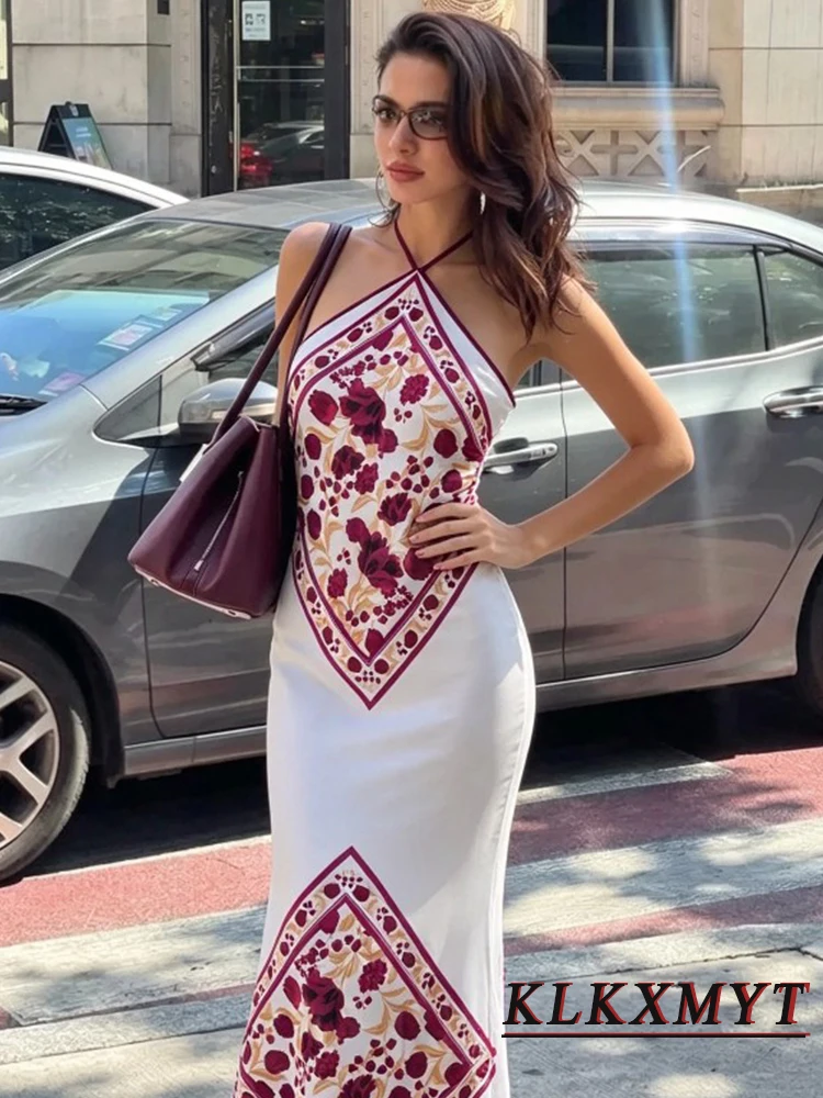 Women Sexy Slim Sleeveless Backless Long Dress Fashion Elegant Lace Up Hanging Neck Collar Dress Summer Autumn Vacation Dresses 2