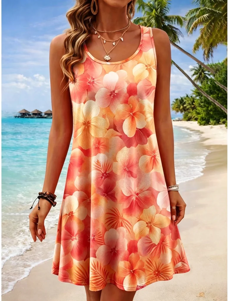Plus Size Women's Round Neck Sleeveless Tropical 3d Print Casual A-Line Mini Dress, Beach Tank Dresses for Spring & Summer 5