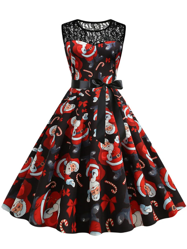 Elegant Vintage Women Christmas Dress Print Lace Patchwork Sleeveless O Neck High Waist Casual Party Costume Sundress 4