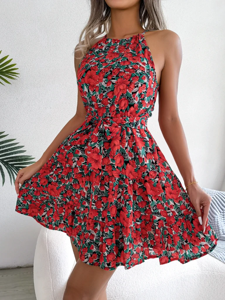 Women Summer Casual Floral Print Ruffle Halter Dress 3