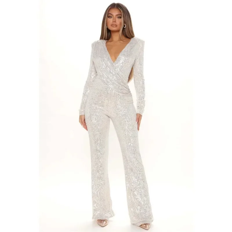 New Fashion Sequins Jumpsuit For Women Long Sleeve V Neck Draped Autumn Winter Rompers Celebrity Evening Party Club Overall 1