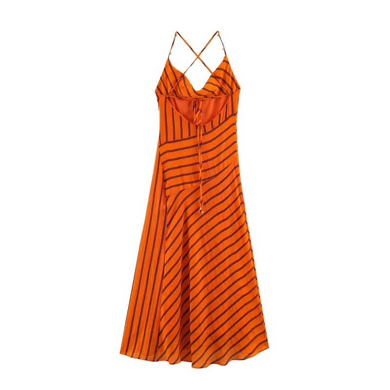 2026 Summer New Women's Dress Arrival Orange Striped Spaghetti Strap Sexy Maxi Dress Beach Vacation Casual Fashion Relaxed 2
