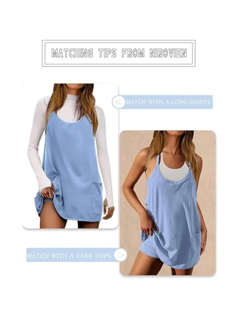 Women's Summer Sleeveless Mini Dress V Neck Spaghetti Straps Athletic Built-in Shorts Sundress 3