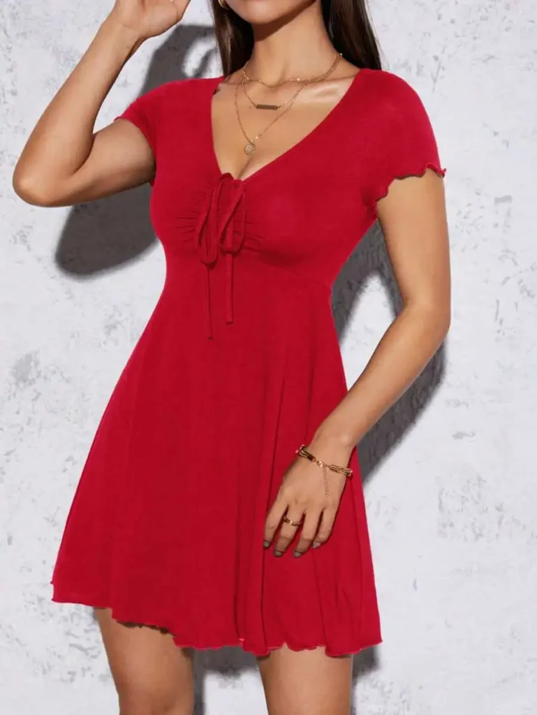 Lettuce Trim Drawstring Knot Front Summer Women Outfit Black Dress, Summer Dresses Spring Clothes, Women 6