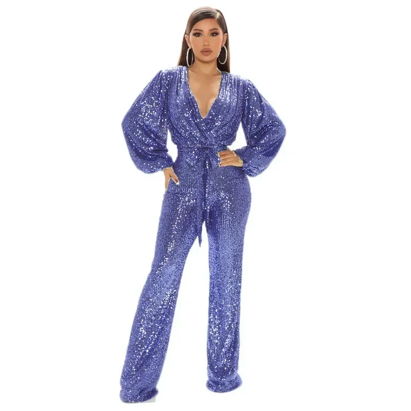 New Fashion Sequins Jumpsuit For Women Long Sleeve V Neck Draped Autumn Winter Rompers Celebrity Evening Party Club Overall 3