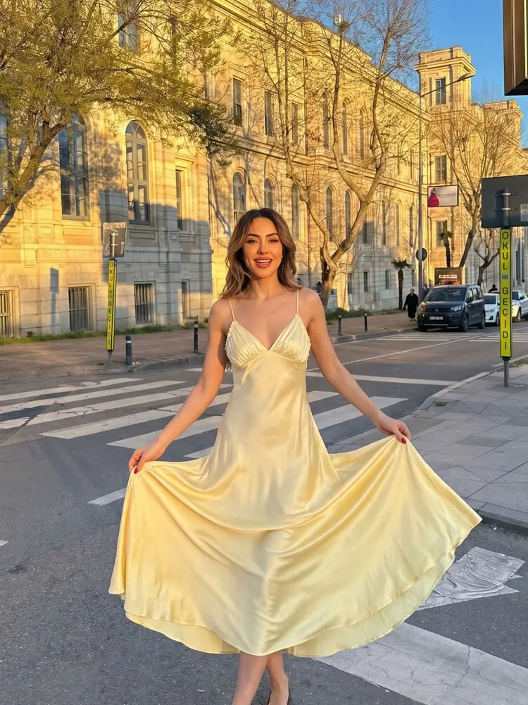 HH Women Backless Yellow Dresses Sleeveless V neck New fashion Elegant Satin Summer Dress Date Night Beach Dress For Women 4