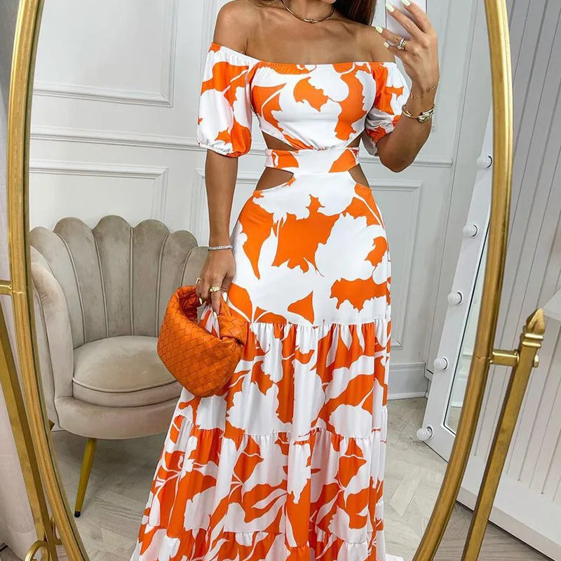 2024 Summer Women's Temperament Commuting Slim Fit Printing Sexy Hollow  Off-Shoulder Maxi Evening Party Beach Long Dresses 1