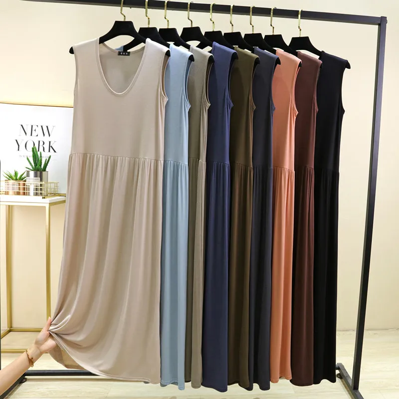 plus Size Modal Vest Skirt Women Summer Loose Thin Pleated Home Sleep Dress round Neck Base Skirt Outdoor Long Skirt 3