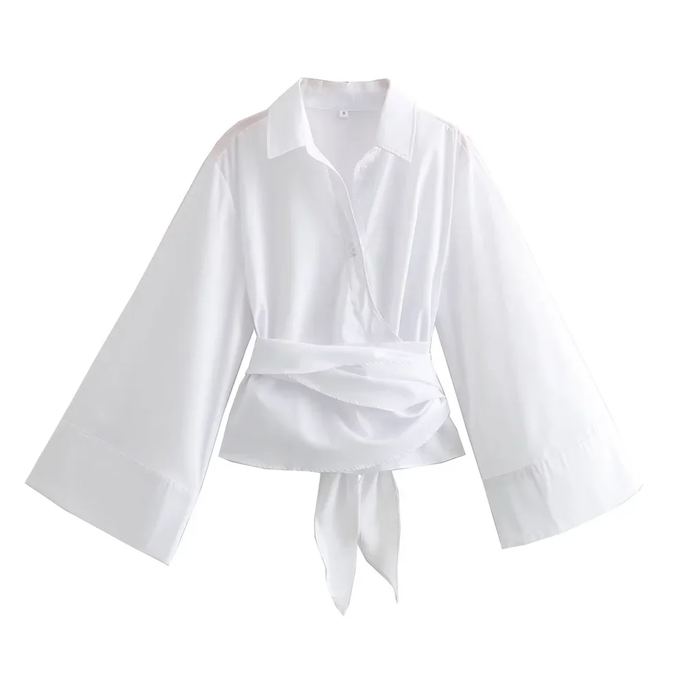 New Women's Fashion Casual Polo Neck Bow Tie up Short Edition Double Breasted Poplin Shirt 4