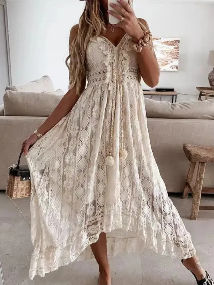 Summer Fashion Sexy Beach Vacation Long Dress Lace Sleeveless Women Dress V Neck Hollow Out Elegant Loose Dresses 1