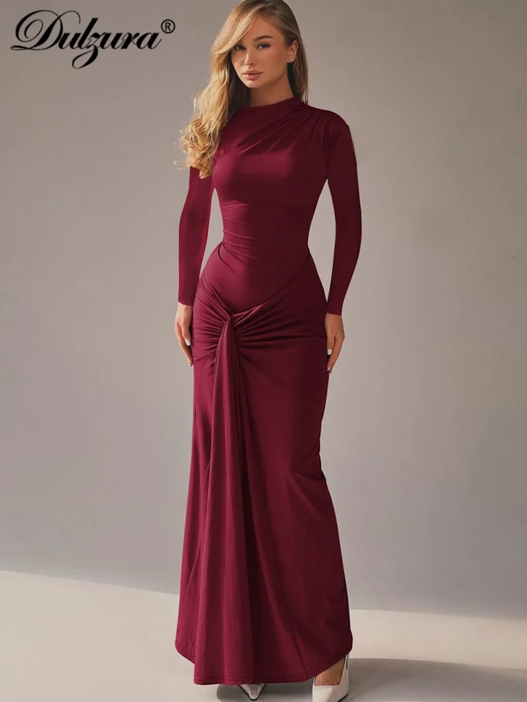 Dulzura Autumn Solid Elegant O-Neck Long Sleeve Ruched Slim Lace Up Long Dress Women'S Fashion Casual Clothes Party Club Outfit 1