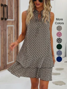 Women's Geometric Print Bow Dress, Casual Fitted Woven Dress, All-Seasons Wear, MultiLayered Cake Skirt Design, Summer