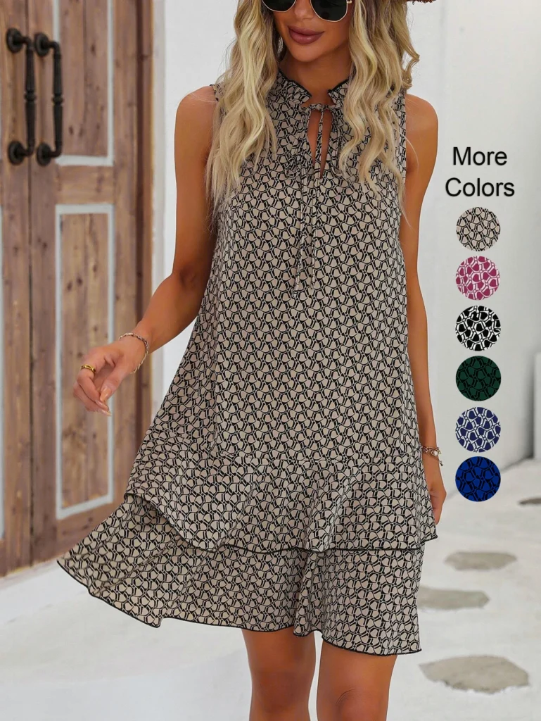 Women's Geometric Print Bow Dress, Casual Fitted Woven Dress, All-Seasons Wear, MultiLayered Cake Skirt Design, Summer 1