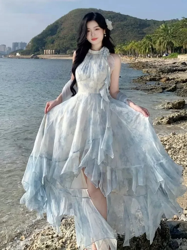 Beachside Fairylike Off-Shoulder Dress Irregular Hem Blue Floral Print Vacation Atmosphere High Waist Gauze Skirt Women's Fas... 5