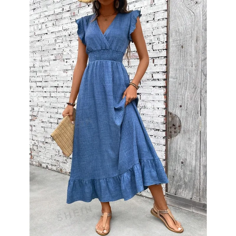 Women Maxi Dress 2026 New V Neck Denim Blue Long Dress Casual Loose Ruffle Hem Sundress for Summer Beach Vacation Daily Wear 1