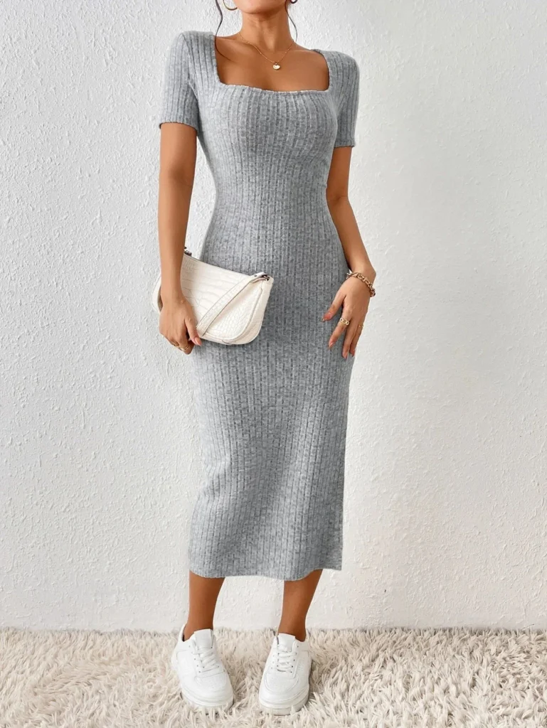 Women Spring Summer Style Knitted Dress Lady Casual Short Sleeve Square Collar Side Slit Dress Vestidos 2