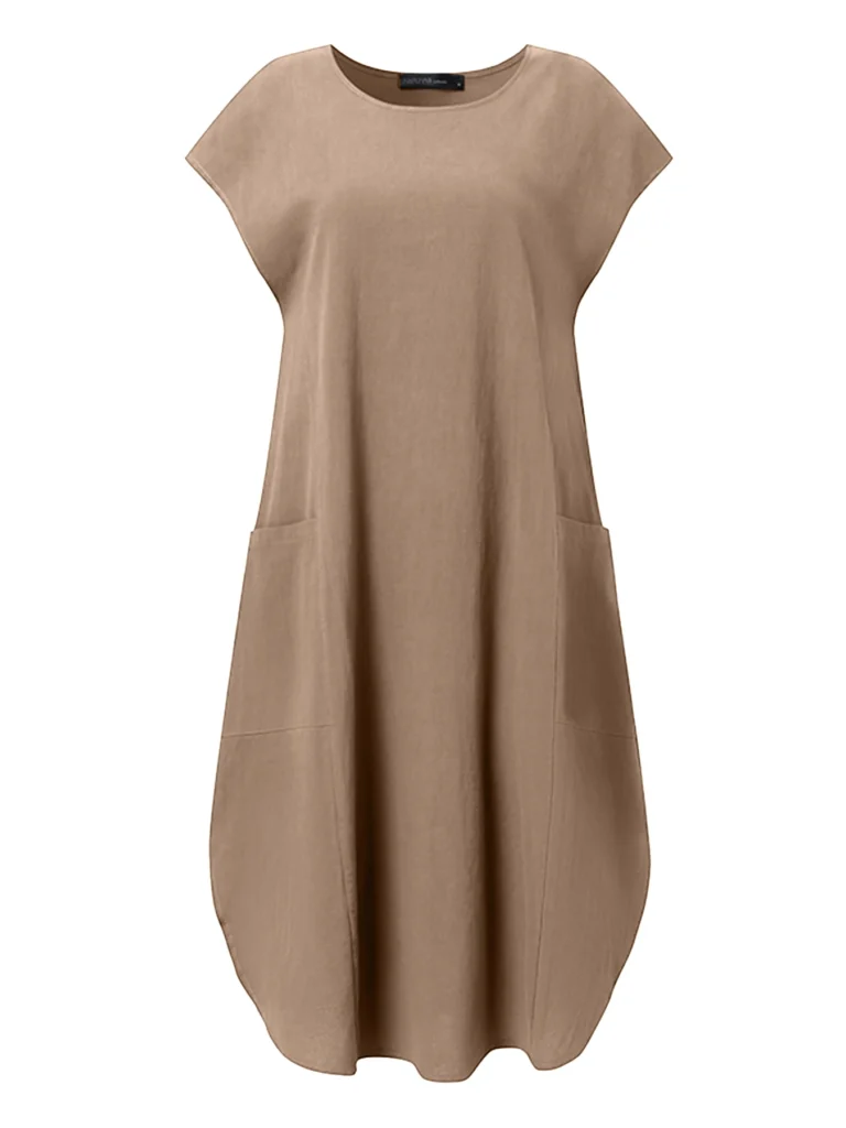 ZANZEA Summer Casual Cotton Dress for Woman O-Neck Short Cap Sleeve Loose Cotton Knee-Length Dress Vacation Day Wear Robes Femme 4