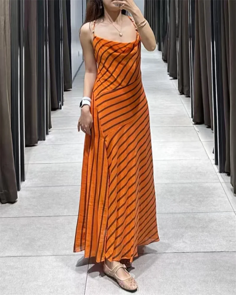 2026 Summer New Women's Dress Arrival Orange Striped Spaghetti Strap Sexy Maxi Dress Beach Vacation Casual Fashion Relaxed 5