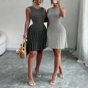 Women's Black Striped Sleeveless Crew Neck Elastic Sundress Ribbed Knit A-Line Mini Dress Casual Summer Party Vacation Dress