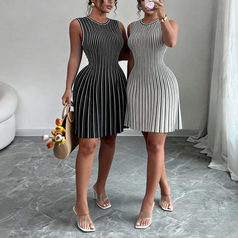Women's Black Striped Sleeveless Crew Neck Elastic Sundress Ribbed Knit A-Line Mini Dress Casual Summer Party Vacation Dress 1