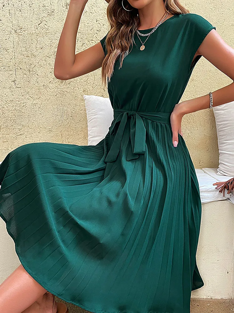 Elegant Women Summer Casual Beach Sundress Short Sleeve Pleated Midi Dress Soild Colour O Neck Tunic Dresses Fashion 4