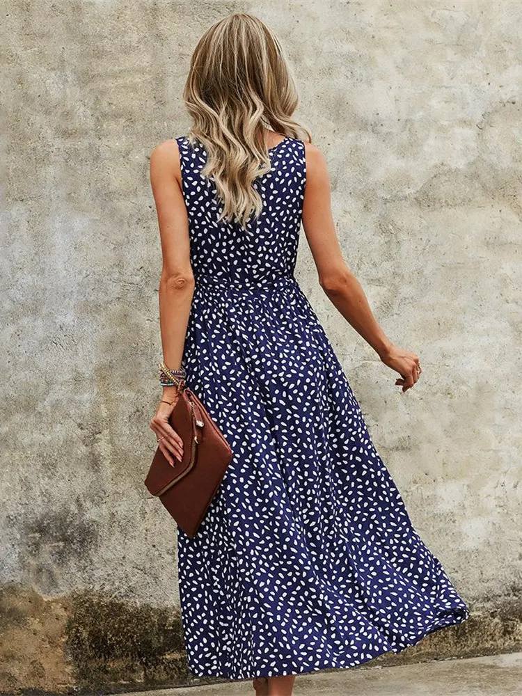 V Neck Print Sleeveless Causal Long Dress Women Fashion Spring Summer Dress with Belt 4