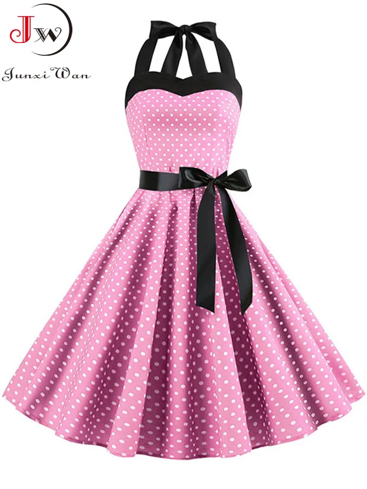 Polka Dot Dress Women Vintage Swing Halter Belt 50s 60s Rockabilly Prom Party Dresses Retro Feminino Vestidos 5