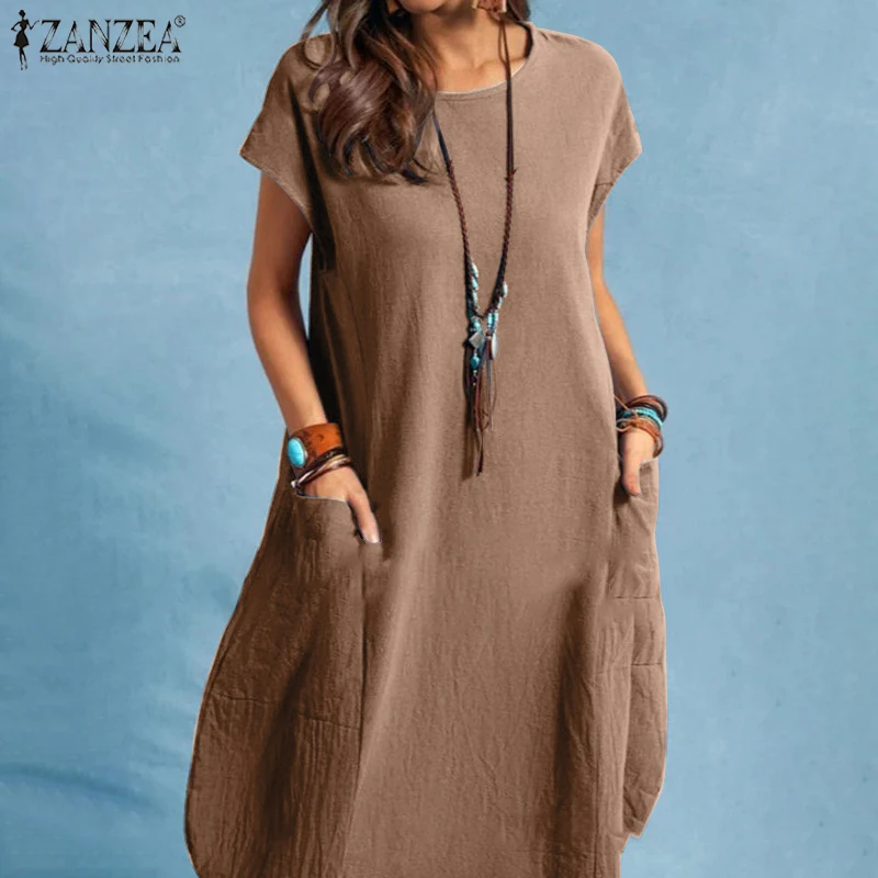 ZANZEA Summer Casual Cotton Dress for Woman O-Neck Short Cap Sleeve Loose Cotton Knee-Length Dress Vacation Day Wear Robes Femme 1